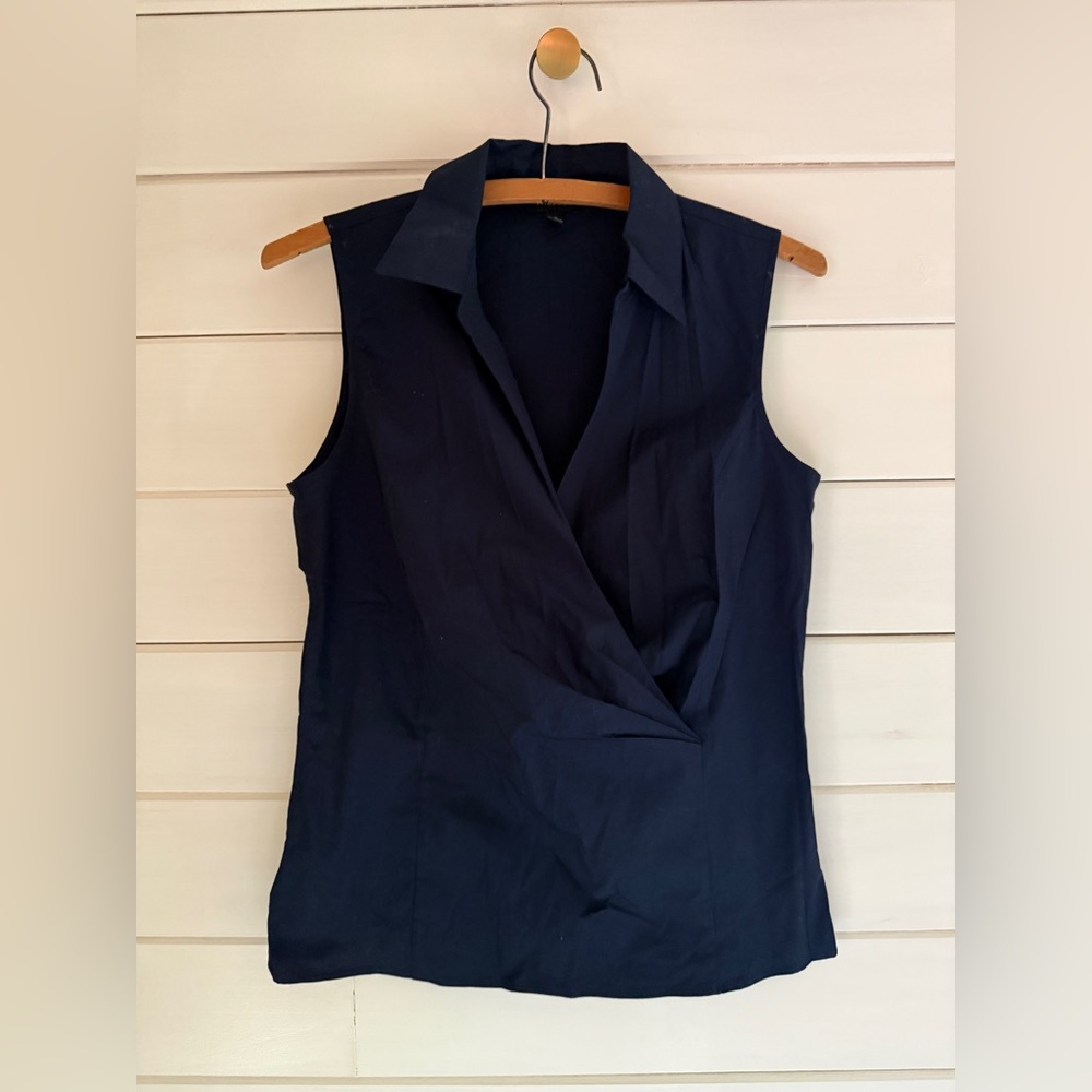 TALBOTS Sleeveless Faux Wrap Top Blouse Women’s Sz 2 Navy Blue Stretch Side Zip